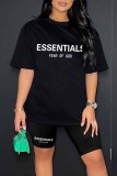 Black Casual Print Letter O Neck Short Sleeve Two Pieces