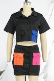 Black Casual Solid Patchwork Buttons Shirt Collar Short Sleeve Two Pieces