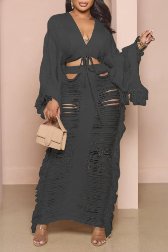 Black Sexy Solid Tassel Hollowed Out Patchwork Draw String Frenulum V Neck Long Sleeve Two Pieces