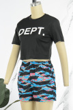 Black Street Print Letter O Neck Short Sleeve Two Pieces