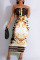 Yellow Brown Sexy Print Bandage Patchwork Strapless Pencil Skirt Dresses