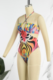 Multicolor Sexy Print Patchwork Backless Swimwears (Without Paddings)