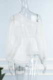 White Casual Solid Hollowed Out See-through Oblique Collar Tops