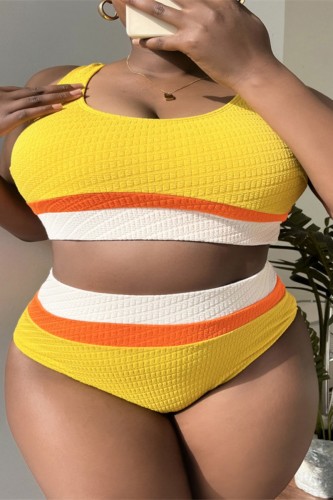 Yellow Sexy Solid Patchwork Backless Contrast O Neck Plus Size Swimwear