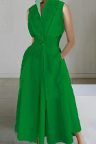 Green Casual Print Patchwork Buttons Fold Mandarin Collar A Line Dresses