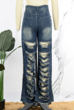 Navy Blue Street Solid Ripped Patchwork High Waist Denim Jeans
