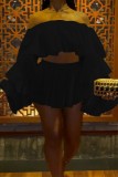 Black Sexy Casual Solid Patchwork Backless Off the Shoulder Long Sleeve Two Pieces