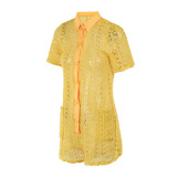 Yellow Sexy Solid Hollowed Out Patchwork Buckle Turndown Collar Straight Rompers