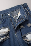 Navy Blue Street Solid Ripped Patchwork High Waist Denim Jeans
