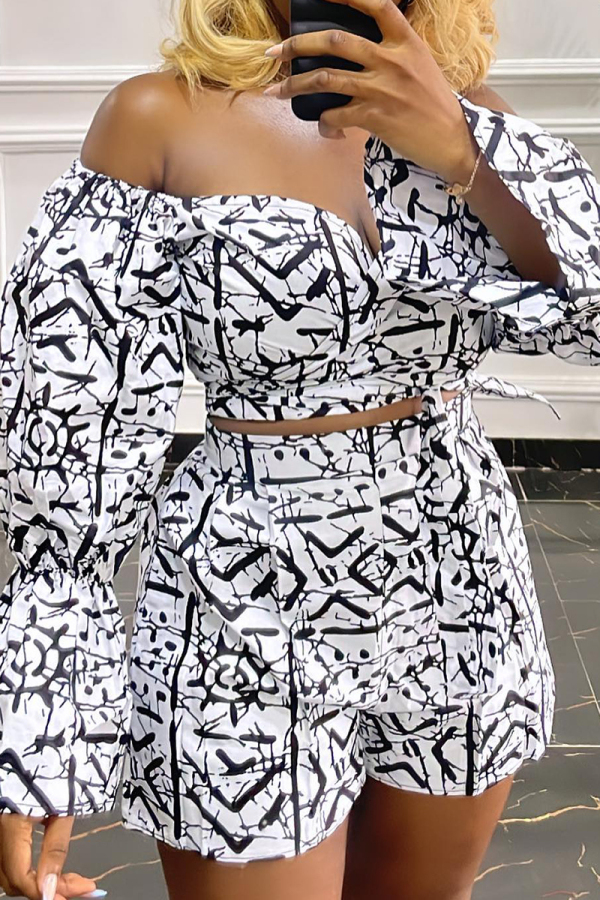 White Sexy Sweet Elegant Print Printing Off the Shoulder Long Sleeve Two Pieces