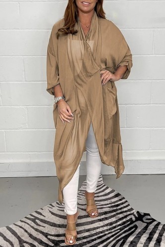 Khaki Casual Solid Asymmetrical V Neck Tops