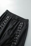 Black Street Solid Hollowed Out Patchwork Metal Accessories Decoration High Waist Pencil Solid Color Bottoms