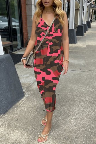 Rose Red Sexy Casual Print Backless Spaghetti Strap Regular Jumpsuits