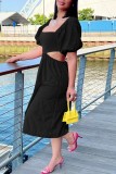 Black Casual Solid Hollowed Out Backless Square Collar One Step Skirt Short Sleeve Dress