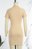 Khaki Casual Print Patchwork Zipper Collar A Line Dresses