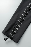 Black Street Solid Hollowed Out Patchwork Metal Accessories Decoration High Waist Pencil Solid Color Bottoms