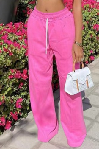 Pink Casual Solid Basic Regular High Waist Conventional Solid Color Trousers