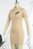 Khaki Casual Print Patchwork Zipper Collar A Line Dresses