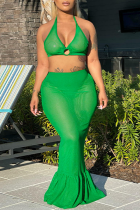 Green Sexy Party Solid Patchwork See-through Mesh Halter Sleeveless Two Pieces