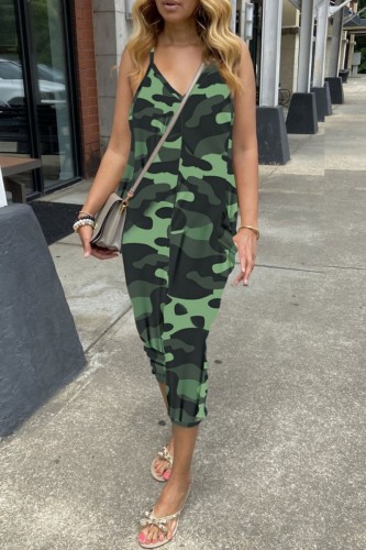 Green Sexy Casual Print Backless Spaghetti Strap Regular Jumpsuits