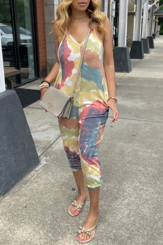 Colour Sexy Casual Print Backless Spaghetti Strap Regular Jumpsuits