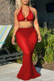 Red Sexy Party Solid Patchwork See-through Mesh Halter Sleeveless Two Pieces
