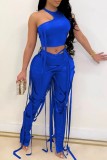 Blue Sexy Casual Solid Tassel Patchwork Asymmetrical O Neck Sleeveless Two Pieces
