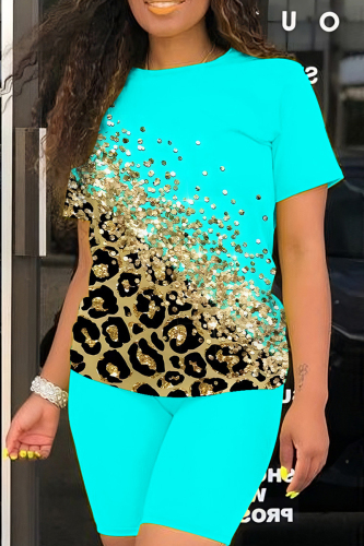Cyan Casual Print Basic O Neck Short Sleeve Two Pieces