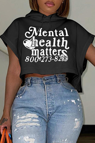 Black Casual Letter Print Basic Hooded Collar T-Shirts