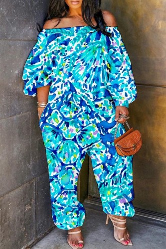 Blue Casual Print Backless Off the Shoulder Regular Jumpsuits