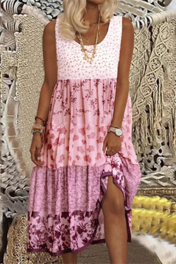 Pink Casual Print Patchwork O Neck Vest Dress Dresses