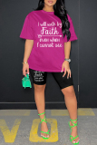 Fluorescent Green Casual Letter Print Basic O Neck Short Sleeve Two Pieces