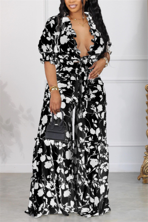 Black Casual Daily Floral Bandage Patchwork Printing Stringy Selvedge Smocking V Neck Half Sleeve Two Pieces