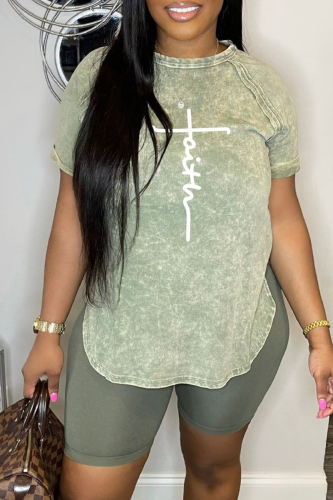 Green Casual Print Basic O Neck Short Sleeve Two Pieces