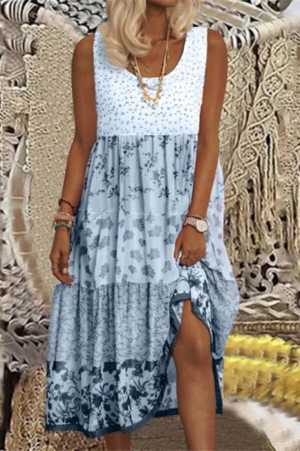 Sky Blue Casual Print Patchwork O Neck Vest Dress Dresses