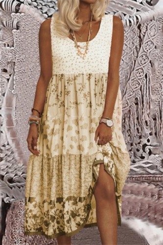 Yellow Casual Print Patchwork O Neck Vest Dress Dresses