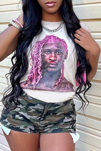 White Casual Print Basic O Neck T-Shirts