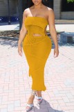 Yellow Sexy Solid Bandage Backless Slit Strapless Sleeveless Two Pieces
