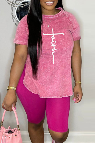 Rose Red Casual Print Basic O Neck Short Sleeve Two Pieces
