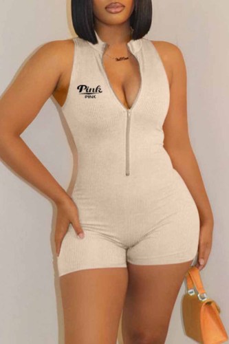 Apricot Casual Print Letter Zipper Collar Rompers