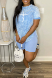 Light Blue Casual Print Basic O Neck Short Sleeve Two Pieces