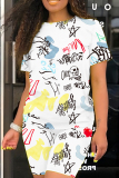 Coffee Casual Print Basic O Neck Short Sleeve Two Pieces