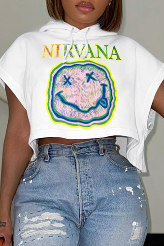White Casual Print Basic Hooded Collar T-Shirts