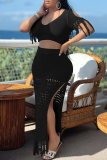 Black Sexy Solid Tassel Slit V Neck Short Sleeve Two Pieces