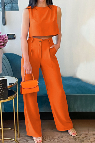 Orange Casual Solid Patchwork O Neck Sleeveless Two Pieces