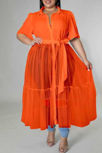 Tangerine Red Casual Solid Patchwork Buckle Turndown Collar Plus Size Dresses