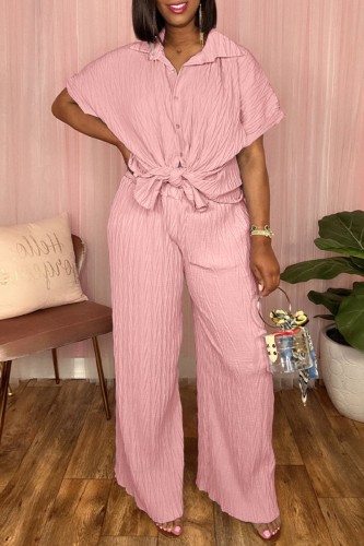 Pink Casual Solid Basic Turndown Collar Short Sleeve Two Pieces