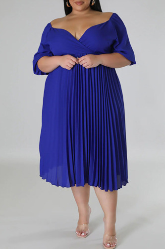 Blue Casual Solid Patchwork Fold V Neck Straight Plus Size Dresses