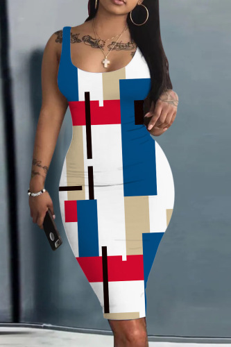 White Blue Casual Print Basic U Neck Vest Dress Dresses