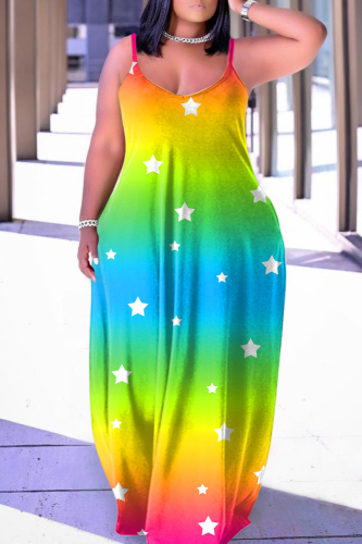 Colour Sexy Casual Print Backless Spaghetti Strap Long Dress Dresses